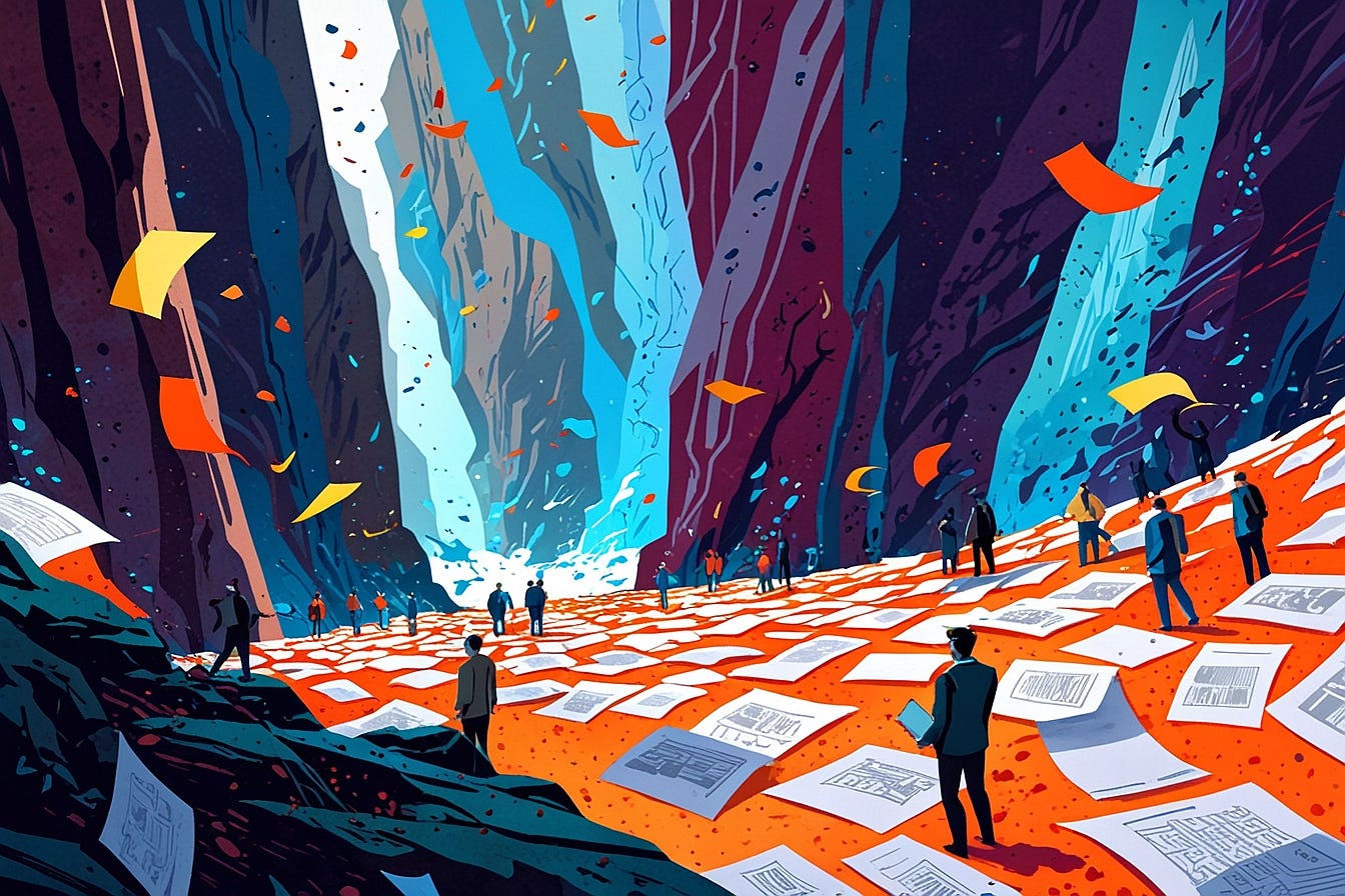 A massive river of résumés floods down a canyon, piling up at the bottom while a lone developer stands on a cliff above, holding a glowing laptop and a tiny deployed app — surrounded by a swarm of AI robot tools buzzing around them like a helpful crew. Below, a crowd of suited figures scramble through the paper flood looking confused. 