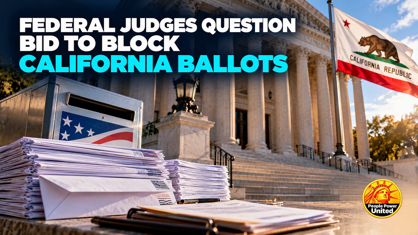 Federal judges question bid to block California ballots. Federal judges question bid to block California ballots.