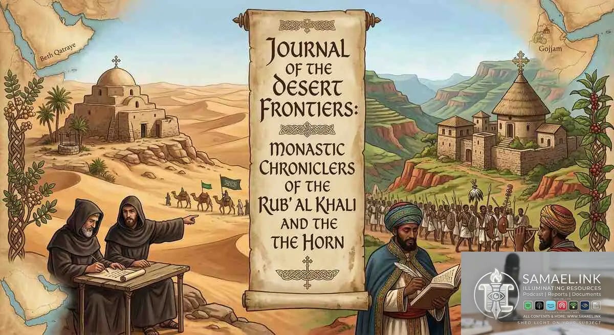 A split-screen historical illustration titled "Journal of the Desert Frontiers" on a central vellum scroll. The left side depicts a 7th-century Nestorian monastery in the golden sand dunes of the Rub' al Khali (Empty Quarter) with Syriac monks recording the arrival of a distant camel caravan. The right side shows a 16th-century stone Ethiopian monastery in the lush, green terraced mountains of Gojjam, where Ge'ez monks document a passing army of Oromo warriors carrying traditional spears and shields. The entire image is framed by cartographic details and botanical sketches of frankincense and coffee plants. A split-screen historical illustration titled "Journal of the Desert Frontiers" on a central vellum scroll. The left side depicts a 7th-century Nestorian monastery in the golden sand dunes of the Rub' al Khali (Empty Quarter) with Syriac monks recording the arrival of a distant camel caravan. The right side shows a 16th-century stone Ethiopian monastery in the lush, green terraced mountains of Gojjam, where Ge'ez monks document a passing army of Oromo warriors carrying traditional spears and shields. The entire image is framed by cartographic details and botanical sketches of frankincense and coffee plants.