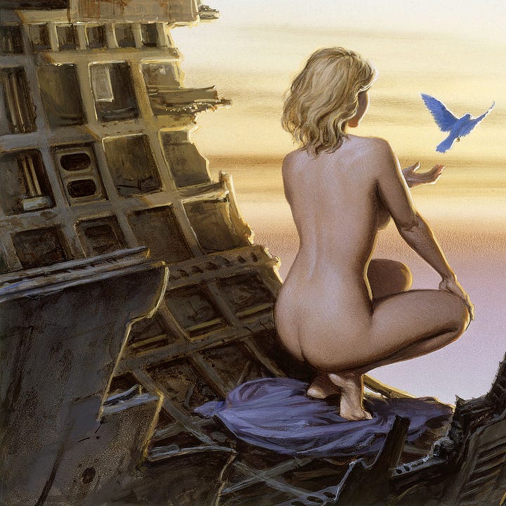 LEFT: Detail of the lower left of BLUEBIRD focusing on the decaying concrete structure that rounded forms a tunnel opening to placid skies. A woman with shoulder length blonde hair squats with knees out to release a bluebird. Her skin is bare to the sun as her clothes lay in a pile beneath her. RIGHT: Detail of the lower right of BLUEBIRD focusing on the perspective of placid skies from behind a blonde woman who releases a bluebird. Her skin is bare to the sun as her clothes lay in a pile beneath her.