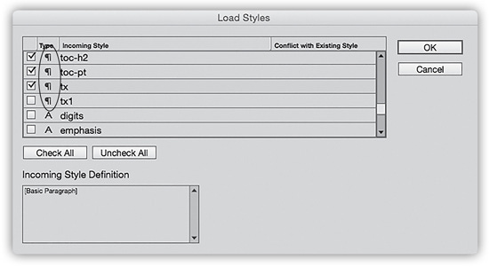 Income style definitions in InDesign's Book feature.