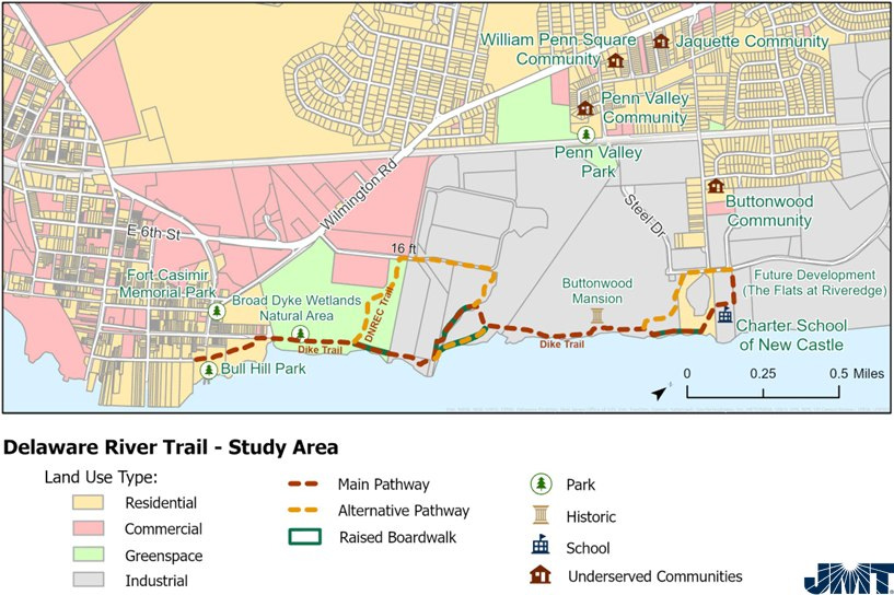 May be an image of map and text that says 'William Penn Square Community Jaquette Community PennValley Community E-6th-St- Penn Valley Park Steoior Emmue Fort.Casimir Memorial Park Wilmington.Rd 16 Broad Dyke Wetlands Natural Area NaturalArea Pan Buttonwood Community Buttonwood Mansion Bull Hill Park Future Development The Flats at Riveredge rail Charter Charter_School School of New Castle Delaware River Trail- Study Area Land Use Type: Residential 0.25 0.5 Miles Main Pathway Commercial Greenspace Industrial Park Alternative Pathway Raised Boardwalk Historic School Underserved Communities Л'