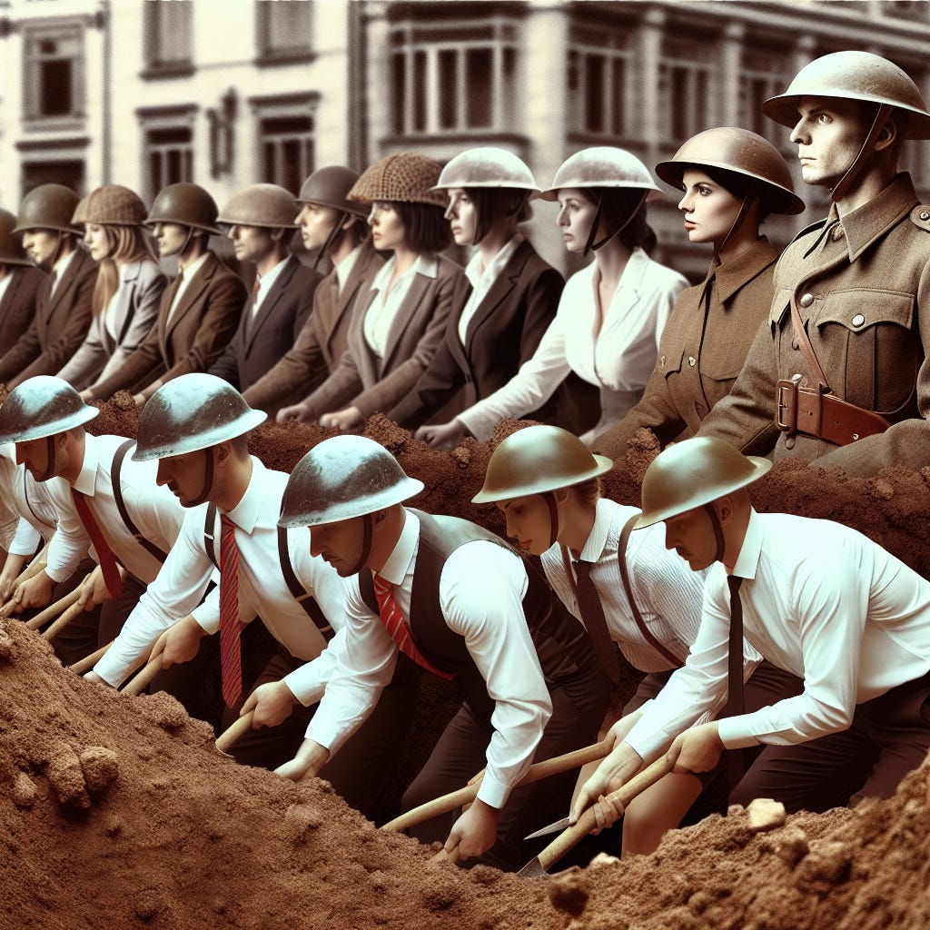 white collar workers wearing world war 1 helmets digging trenches in the battle against RTO