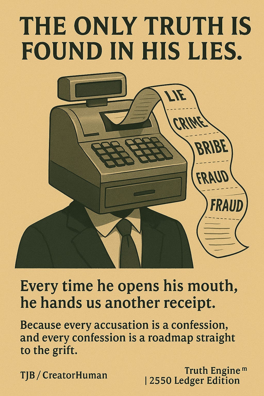 A parody “truth receipt” unspools from a cash-register brain. Line items read like political charges: “Blame Others — $0,” “Confess by Accident — $0,” “Project Your Crimes — $0,” “Gaslight — $∞,” and a final total that simply reads “THE TRUTH HIDES IN THE LIES.” The background resembles a dimly lit press room, hinting that every public statement becomes another printed record in the ledger of deceit.