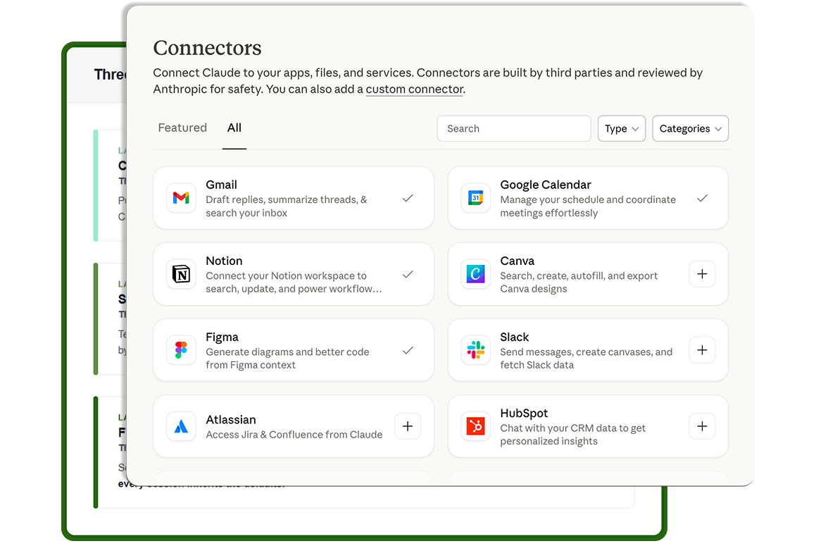 Claude Cowork connectors panel showing integrations for Gmail, Google Calendar, Notion, Canva, Figma, Slack, Atlassian, and HubSpot with checkmarks indicating connected services.