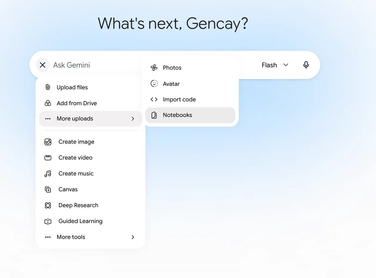More uploads submenu in Gemini showing the Notebooks option