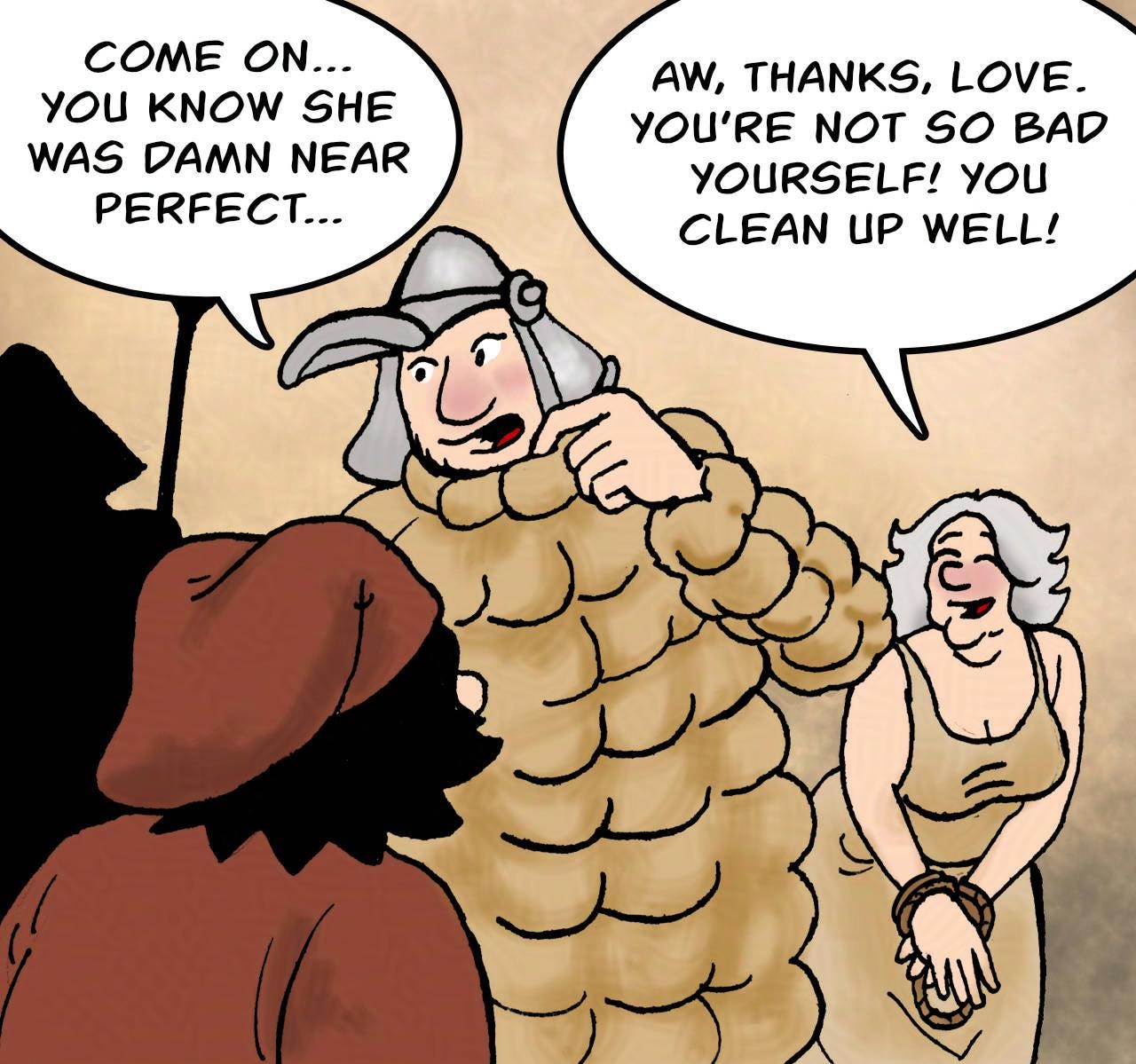 Panel 3. Owen: Come on, you know she was damn near perfect… Atra: Aw, thanks, love! You're not so bad yourself! You clean up well!