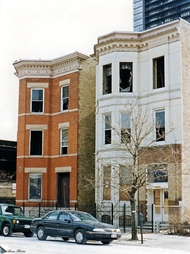 Townhouses in River North, standing stoically before their impending demolition, Chicago, February 1996. Townhouses in River North, standing stoically before their impending demolition, Chicago, February 1996.