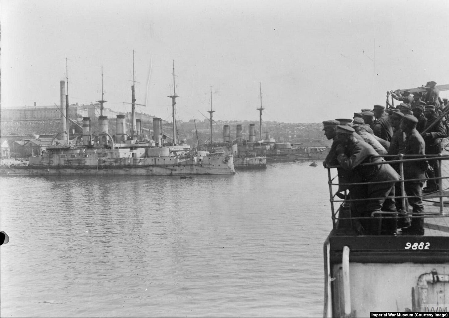 German troops looking at newly captured Russian warships in Sevastopol, 1 May 1918. German troops looking at newly captured Russian warships in Sevastopol, 1 May 1918.