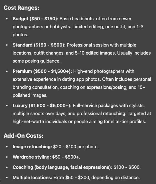 screenshot depicting cost ranges for professional photography