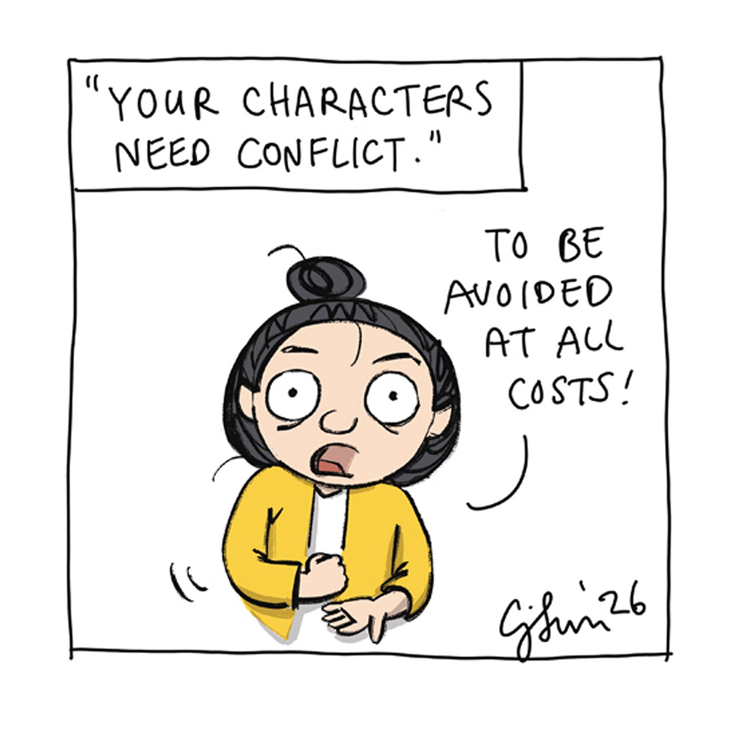 Panel 2/6 of a comic strip titled "The Life of a Writer," 2026, by Connie Sun, cartoonconnie, featuring a cartoon girl talking to an elephant in the artist's signature style.