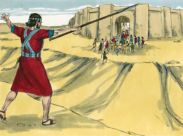 Joshua Outside Jericho Joshua was the successor chosen by Moses. When Moses died, Joshua took leadership over the Israelites in the wilderness. He was the one to lead them into the land promised by God—the “Promised Land”—Canaan. He performed miracles and provided leadership. He helped them to know how to defeat the army of Jericho. Joshua sent spies into investigate. They were helped by Rahab. She hid them and then covered for them when the soldiers asked questions. When Jericho was defeated and destroyed, Rahab and her family were spared. Joshua instructed the Israelites to walk around Jericho one time each day for six days following the priests who were blowing ram’s horns. On the seventh day, Joshua told them to march around the city seven times. On the seventh time around, the walls of Jericho fell and the Israelites were victorious. After Jericho, God allowed the Israelites to prevail over other cities and to capture and kill evil kings. Joshua lived a long and successful life honoring God and leading the Israelites. They honored him when he died. joshua battle stock pictures, royalty-free photos & images