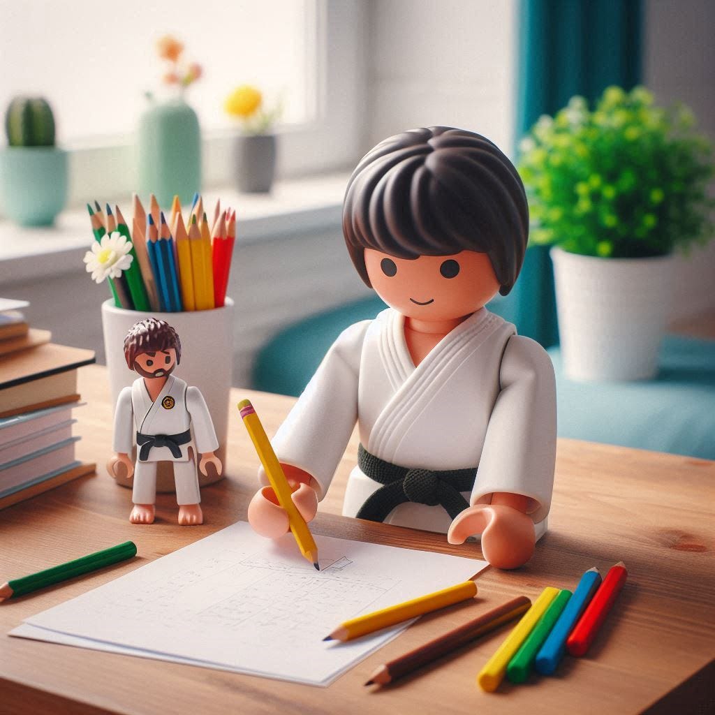 un escritorio infantil con papel y lápices de colores para dibujar. Un playmobil karateka sobre el pupitre.