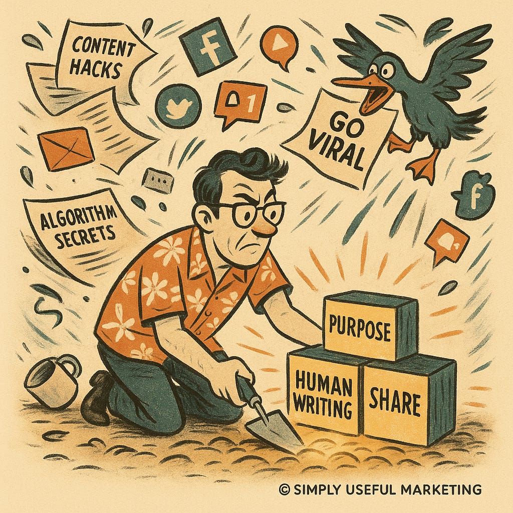 A vintage-style illustration of a mid-century writer at a messy wooden desk, sweating and overwhelmed. Three large stone blocks labeled “Purpose,” “Write,” and “Share” loom behind him like giant building stones of content marketing. Papers and crumpled drafts scatter across the floor. In the background, a rising sun suggests clarity emerging from chaos. The copyright “© Simply Useful Marketing” appears in the bottom right corner. A vintage-style illustration of a mid-century writer at a messy wooden desk, sweating and overwhelmed. Three large stone blocks labeled “Purpose,” “Write,” and “Share” loom behind him like giant building stones of content marketing. Papers and crumpled drafts scatter across the floor. In the background, a rising sun suggests clarity emerging from chaos. The copyright “© Simply Useful Marketing” appears in the bottom right corner.