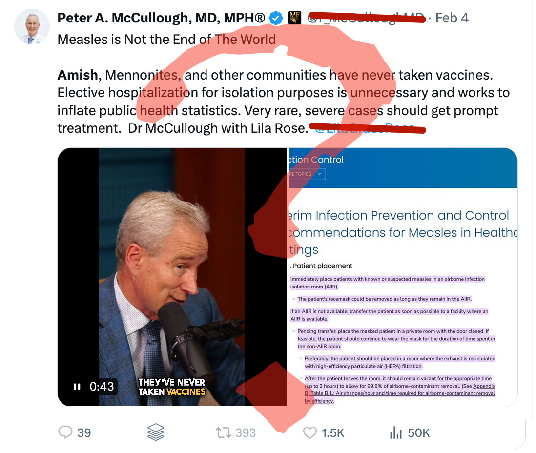 Peter McCullough is wrong about the Amish and Mennonites. Many vaccinate. Tragically, it is often after there is an outbreak in their community and kids have died. Peter McCullough is wrong about the Amish and Mennonites. Many vaccinate. Tragically, it is often after there is an outbreak in their community and kids have died.