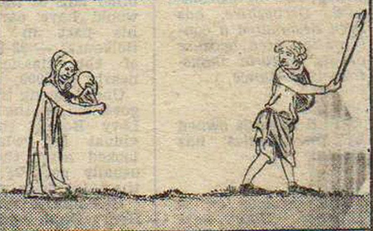 Woman preparing to bowl in an early form of cricket. From a medieval ...