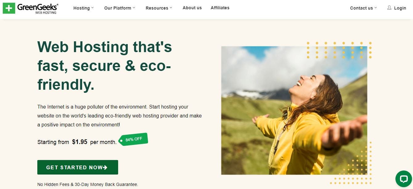 GreenGeeks hosting dashboard showcasing renewable energy usage and performance metrics.