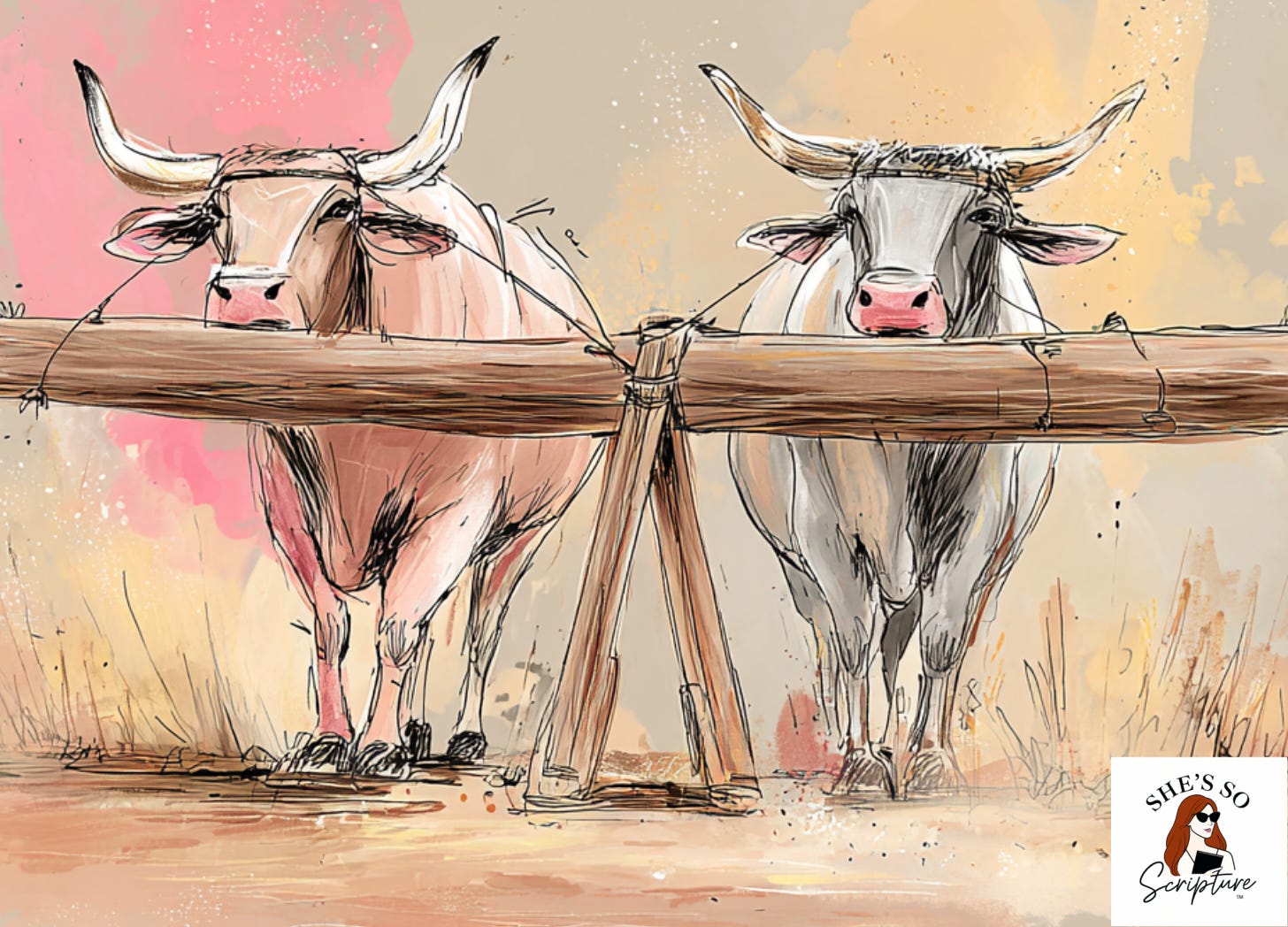 Illustration of two oxen under a shared yoke pulling in different directions, symbolizing misaligned partnership in 2 Corinthians 6.