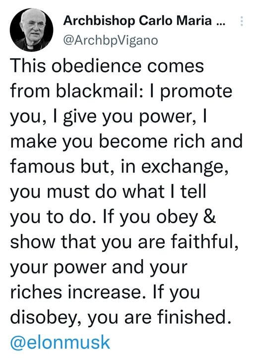 May be an image of 1 person and text that says 'Archbishop Carlo Maria... @ArchbpVigano This obedience comes from blackmail: I promote you, I give you power, I make you become rich and famous but, in exchange, you must do what I tell you to do. If you obey & show that you are faithful, your power and your riches increase. If you disobey, you are finished. @elonmusk'