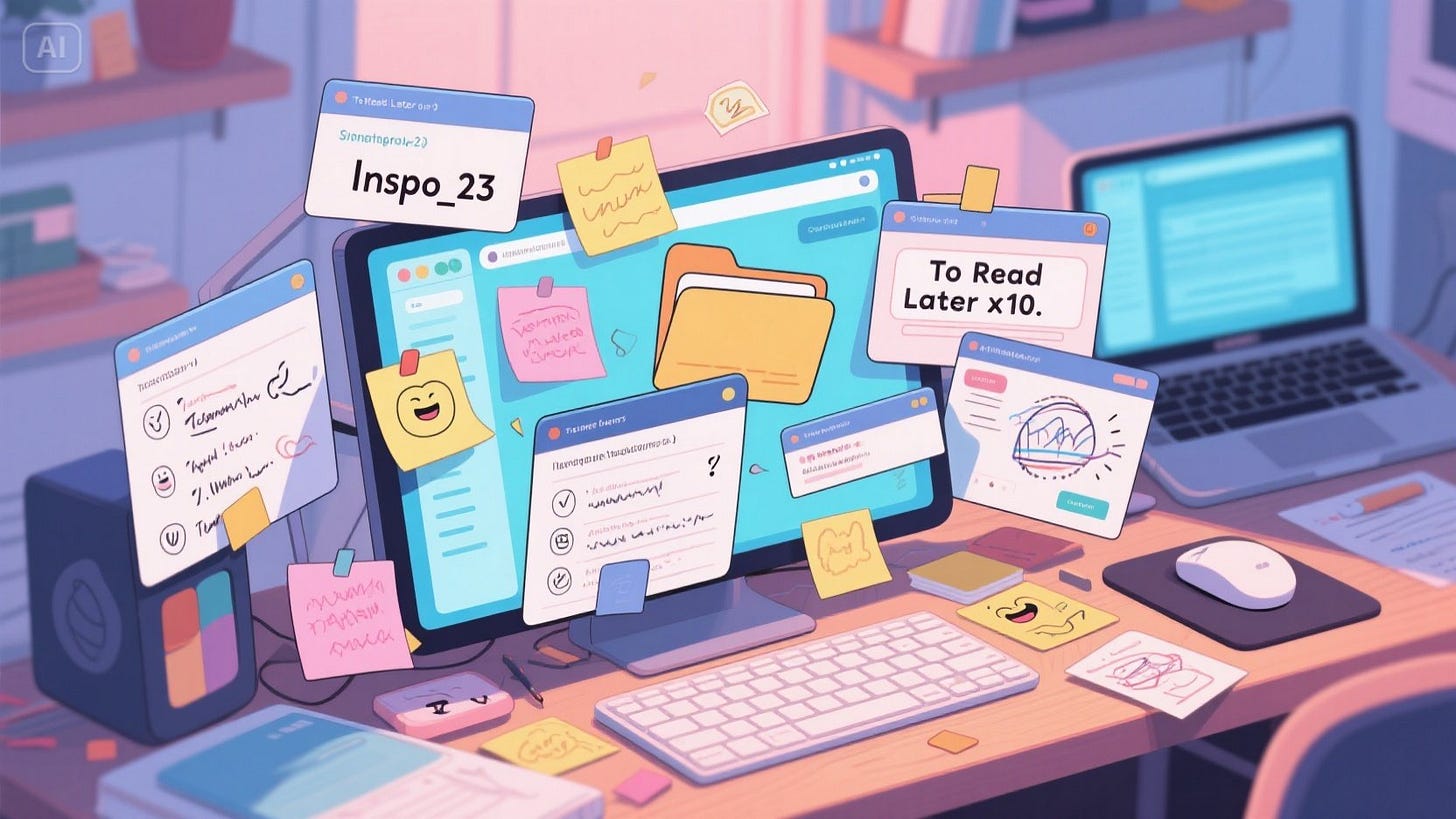 jimeng-2025-04-30-621-A top-down illustrated scene showing a disorganized virtual desktop filled wit...