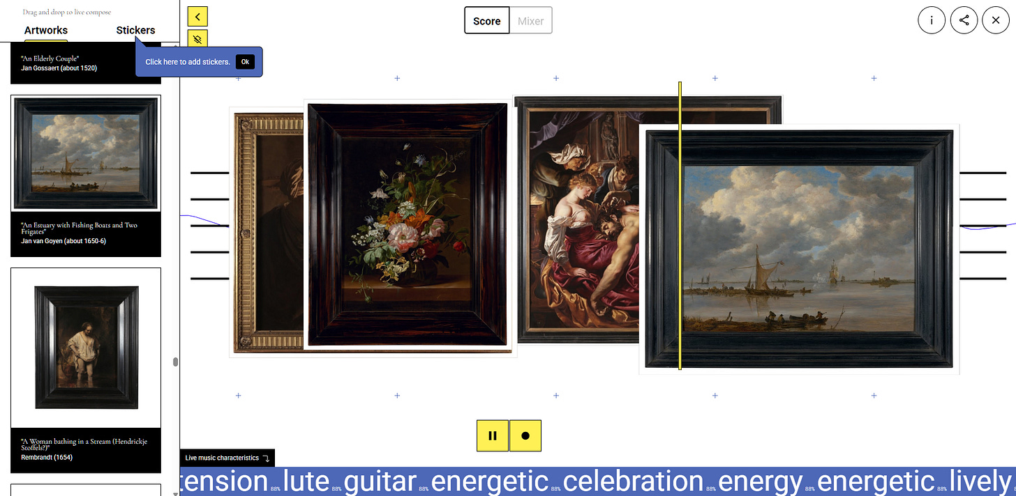 National Gallery Mixtape interface with paintings overlaid over music sheet