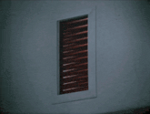 a window with a white frame and a red shutter