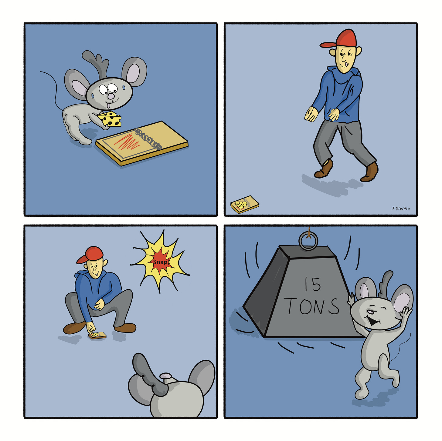 Thanks4Listening comic strip #3: A mouse leaves a trap for an unsuspecting intruder.