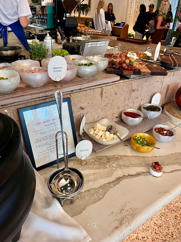 breakfast - protein & hot food, french toast & fruits, granolas & miso soup station