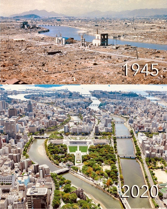 r/interestingasfuck - Hiroshima, before when it got wiped off the map and less than a single lifetime after