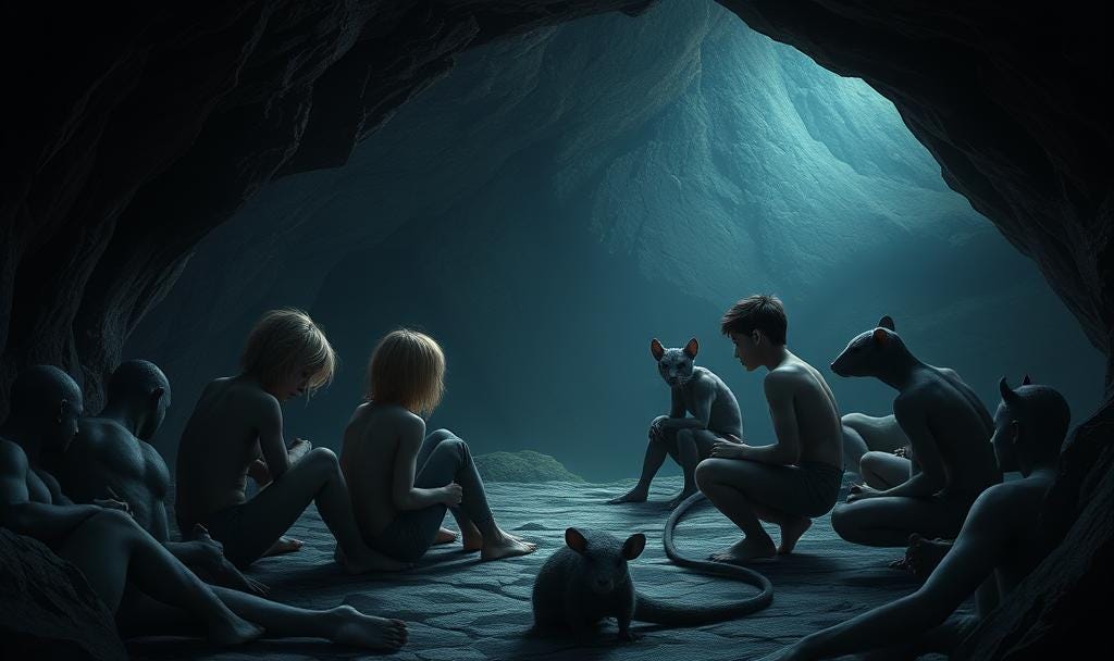 a dark cave with several young humanoid, feline, ratlike, reptilian, sitting in a circle a dark cave with several young humanoid, feline, ratlike, reptilian, sitting in a circle