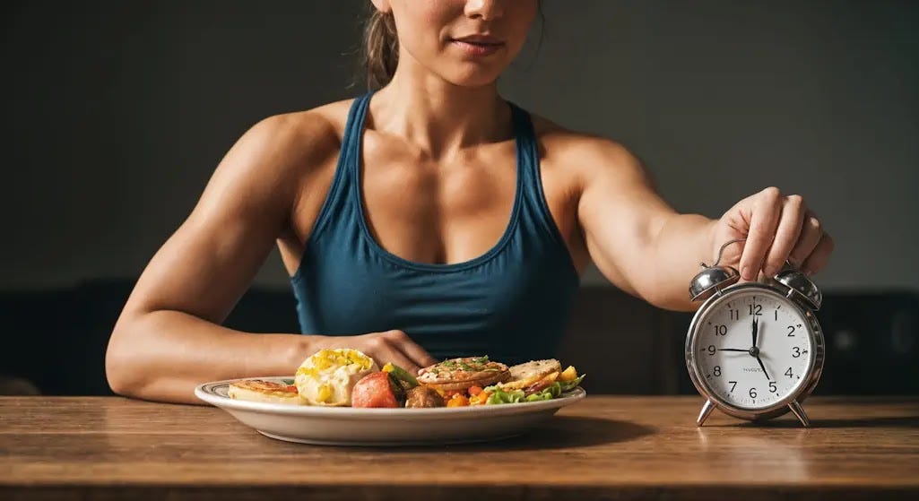 A person sits with a plate of food and an alarm clock, symbolizing the wait for intermittent fasting.