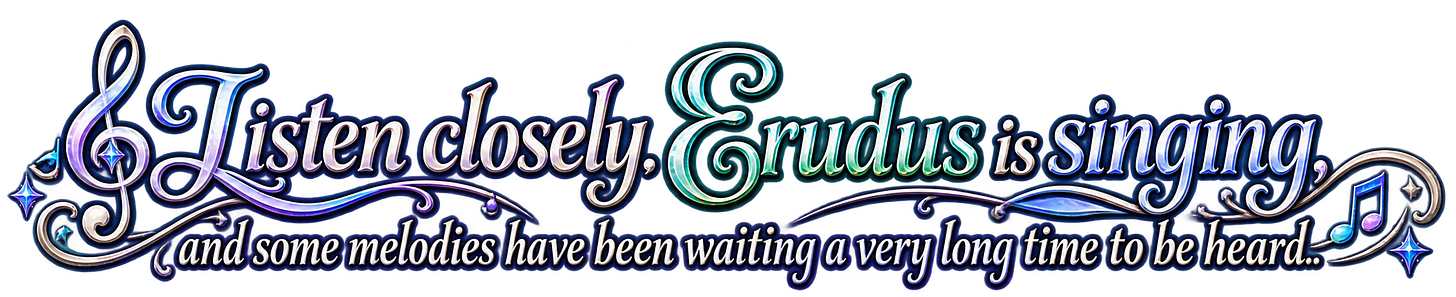 Listen closely. Erudus is singing, and some melodies have been waiting a very long time to be heard. Listen closely. Erudus is singing, and some melodies have been waiting a very long time to be heard.