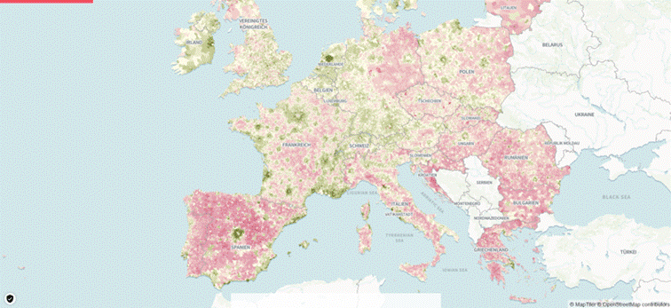 Titel: CORRECTIV.Europe village population map - Beschreibung: Interactive map of Europe from CORRECTIV.Europe showing municipal population change since 1961, colored in a green-to-pink gradient. Deep pink, indicating steep population decline, dominates most of Spain, Italy, Greece, eastern Germany, Poland, Romania, and the Baltics, while green patches marking growth cluster around cities such as Dublin, London, Paris, and parts of the Netherlands and Switzerland. Titel: CORRECTIV.Europe village population map - Beschreibung: Interactive map of Europe from CORRECTIV.Europe showing municipal population change since 1961, colored in a green-to-pink gradient. Deep pink, indicating steep population decline, dominates most of Spain, Italy, Greece, eastern Germany, Poland, Romania, and the Baltics, while green patches marking growth cluster around cities such as Dublin, London, Paris, and parts of the Netherlands and Switzerland.
