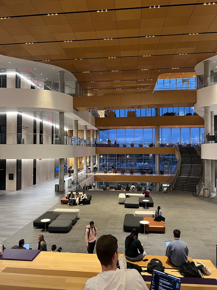 Left: A quiet lakeside landscape at sunset with trees mirrored in the water. Right: A modern business school atrium with natural light and students gathered throughout the space.