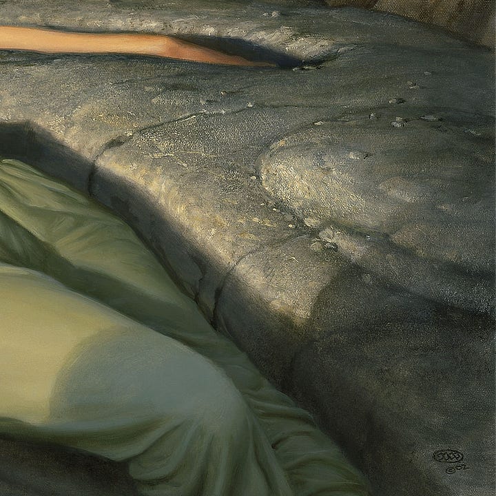 LEFT: Close detail from THE DREAMING LANDS featuring the woman’s face as she stares up. The background mountains form a rocky spine ridge. RIGHT: Close detail from THE DREAMING LANDS featuring impressions in the rock where the woman lays recessed. The artists sigil, a combination of the letters M and W bound inside a circle, is etched in stone in the lower right.