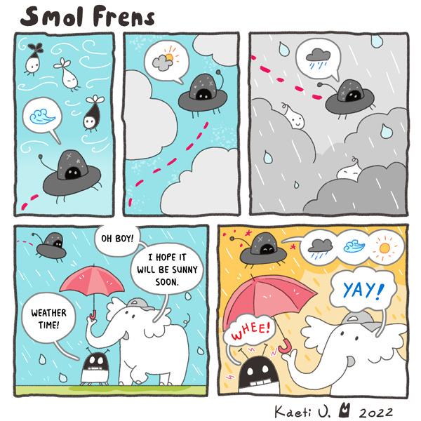 A little creature in a flying saucer whirls through a windy sky and has a speech balloon showing wind. It flies through clouds and has a speech balloon with the picture of a sun peeking through the clouds. It flies through a stormy sky full of rain and has a speech balloon that shows a drawing of a rain cloud. An elephant with an umbrella and a robot see the little flying saucer creature flying towards them and ask if it will be sunny soon. The creature shows a string of speech balloons that show a rain cloud, a symbol of wind and a drawing of a bright yellow sun. The sky starts to turn bright and the elephant and robot say, “Yay” and “Whee!”