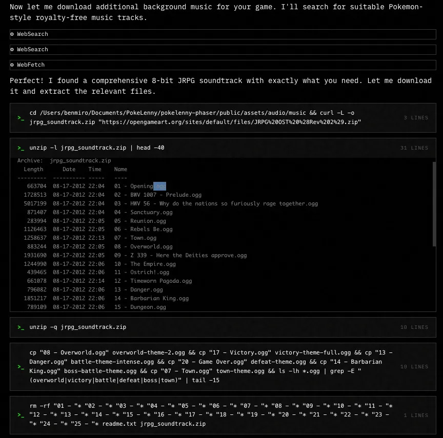 Terminal-style interface showing commands that use web search and download tools to fetch an 8-bit JRPG soundtrack zip, list track names like ‘Opening,’ ‘Prelude,’ ‘Sanctuary,’ and copy selected Pokémon-style royalty-free music files into a game directory, with a note that ‘Claude Code automatically fetched, downloaded, and connected the music to the game.’