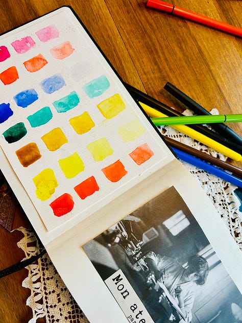 Photos of the journal of Karen Bussen, with magazine clippings, water color tries and notes