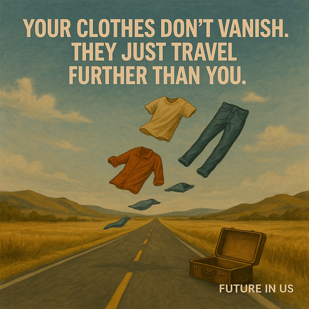 Illustration of clothes floating away on an empty road through open fields, with an open suitcase left behind. The caption reads: “Your clothes don’t vanish. They just travel further than you.” Text “FUTURE IN US” is visible in the corner.
