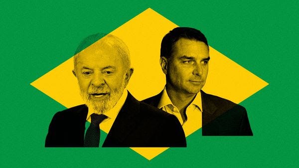 Луис Инасио Лула да Силва и Жаир Болсонаро се изправят срещу зелено-жълтото знаме на Бразилия.
