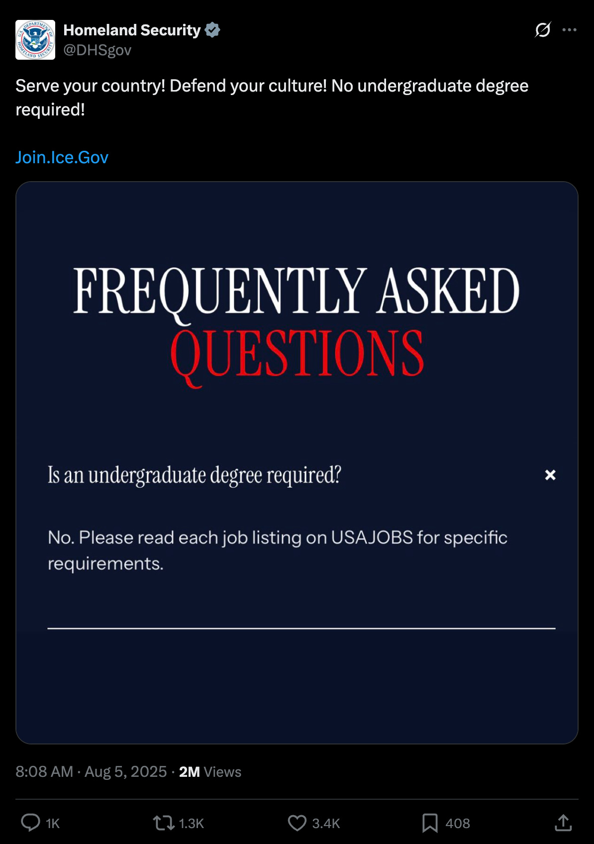 Homeland Security: "Serve your country! Defend your culture! No undergraduate degree required!" Homeland Security: "Serve your country! Defend your culture! No undergraduate degree required!"