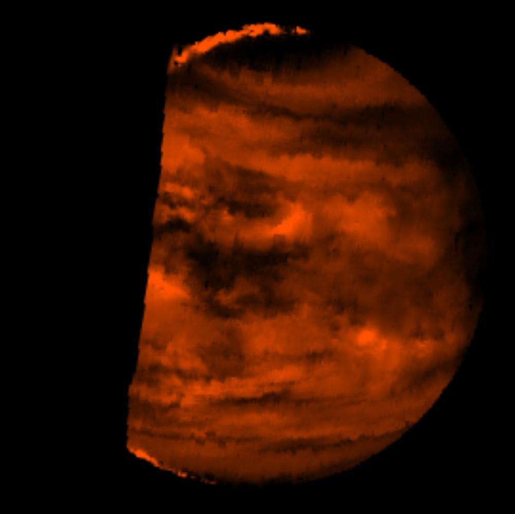 Infrared image of Venus low clouds showing dense CO2 atmosphere relevant to Astrophage detection in Project Hail Mary Infrared image of Venus low clouds showing dense CO2 atmosphere relevant to Astrophage detection in Project Hail Mary