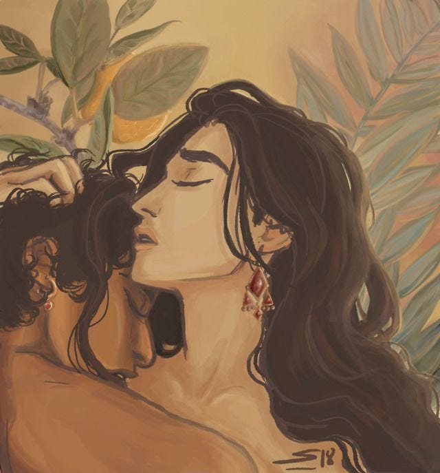 This may contain: a painting of a man and woman embracing each other in front of leaves on the wall