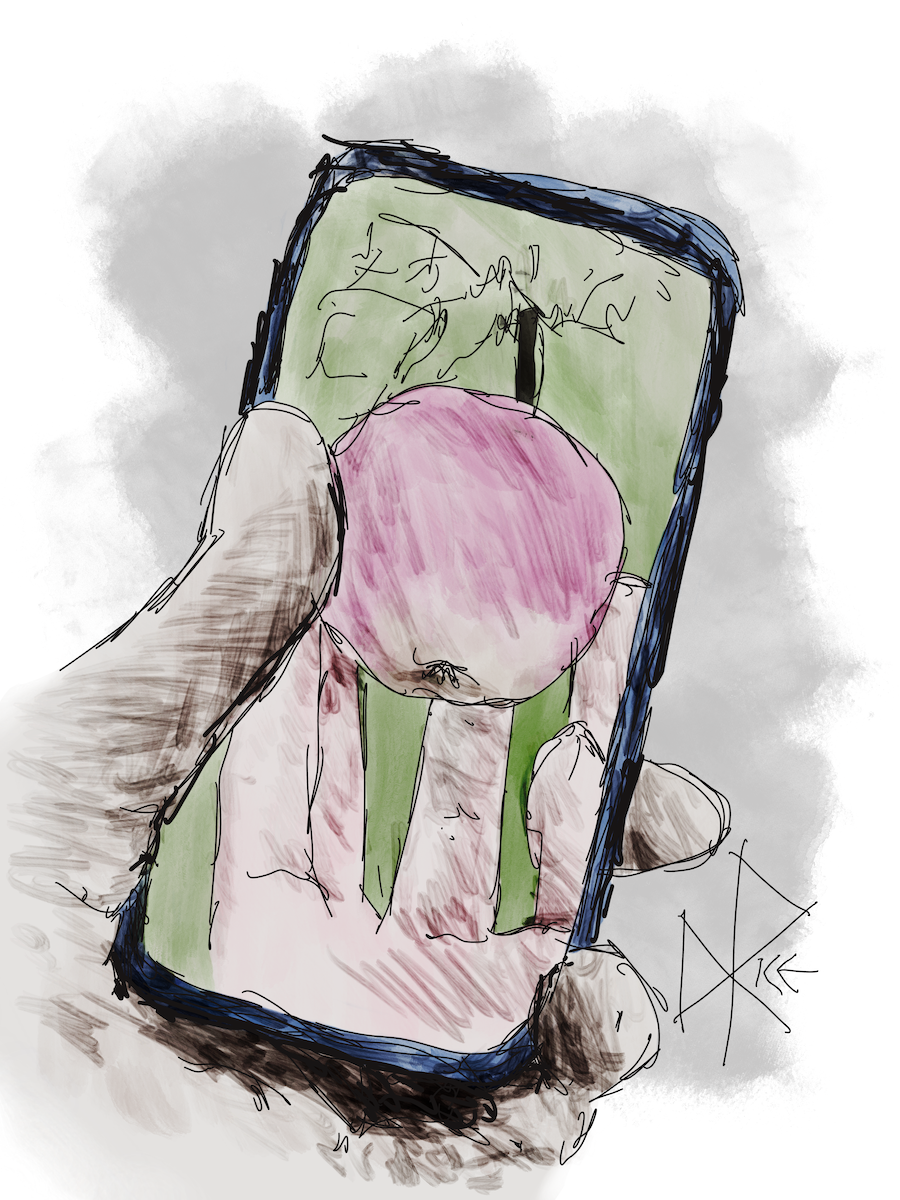 A hand holding an iPhone. The phone’s screen is displaying an image of an apple. Sketch art by Don Rice. A hand holding an iPhone. The phone’s screen is displaying an image of an apple. Sketch art by Don Rice.