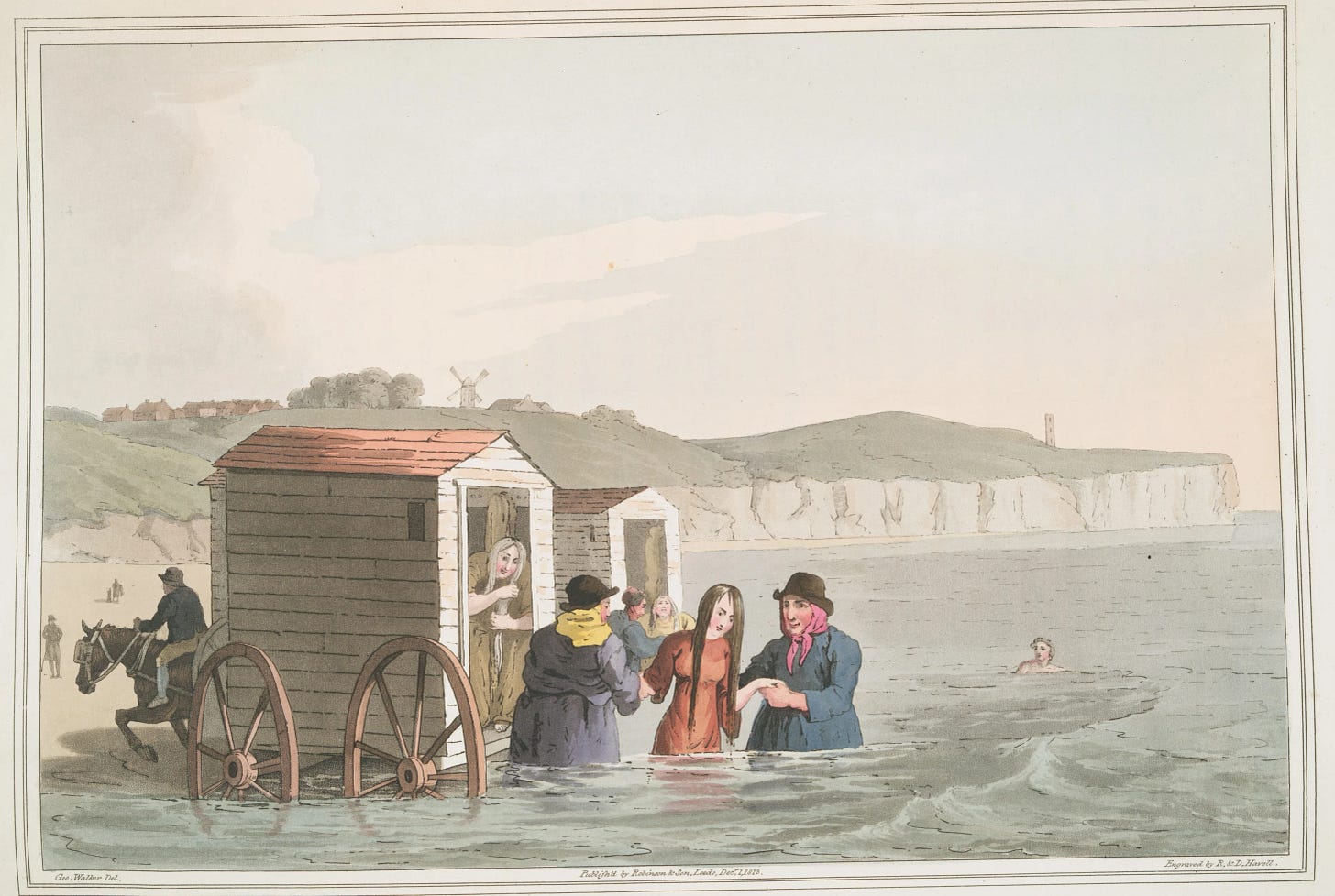 Two dippers helping a woman into the water. 