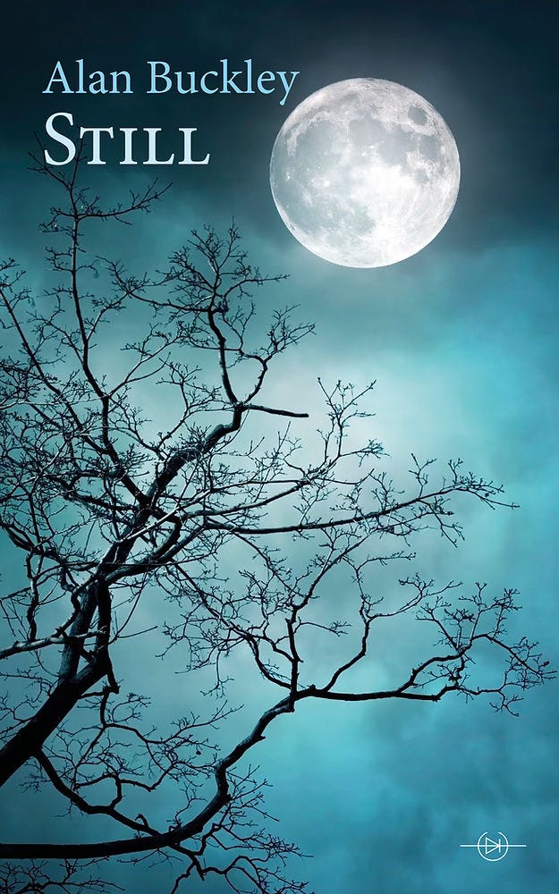 Blue book cover showing bare tree branches silhouetted against night sky, and a large pale moon