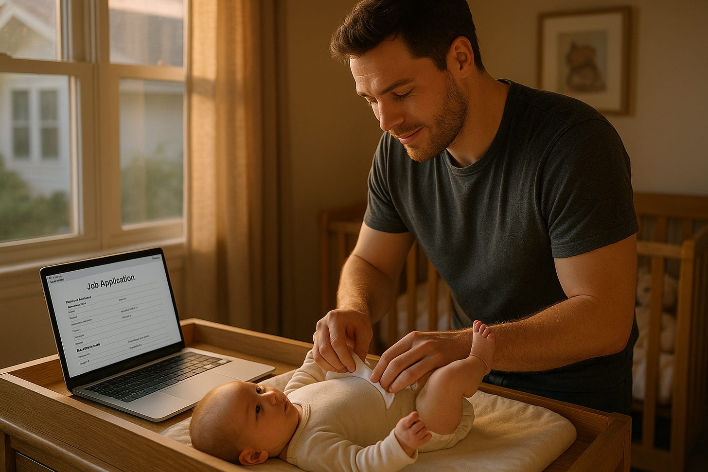 A dad changing a diaper in a baby room with a laptop in the background open to a job application