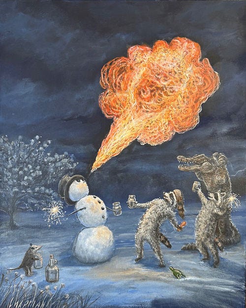 Louisiana snowman breathing fire raccoons gators drinking moonshine