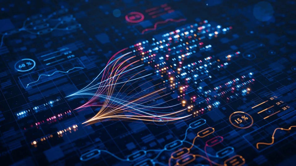 Abstract digital workflow map with glowing data streams converging into an AI system. Abstract digital workflow map with glowing data streams converging into an AI system.
