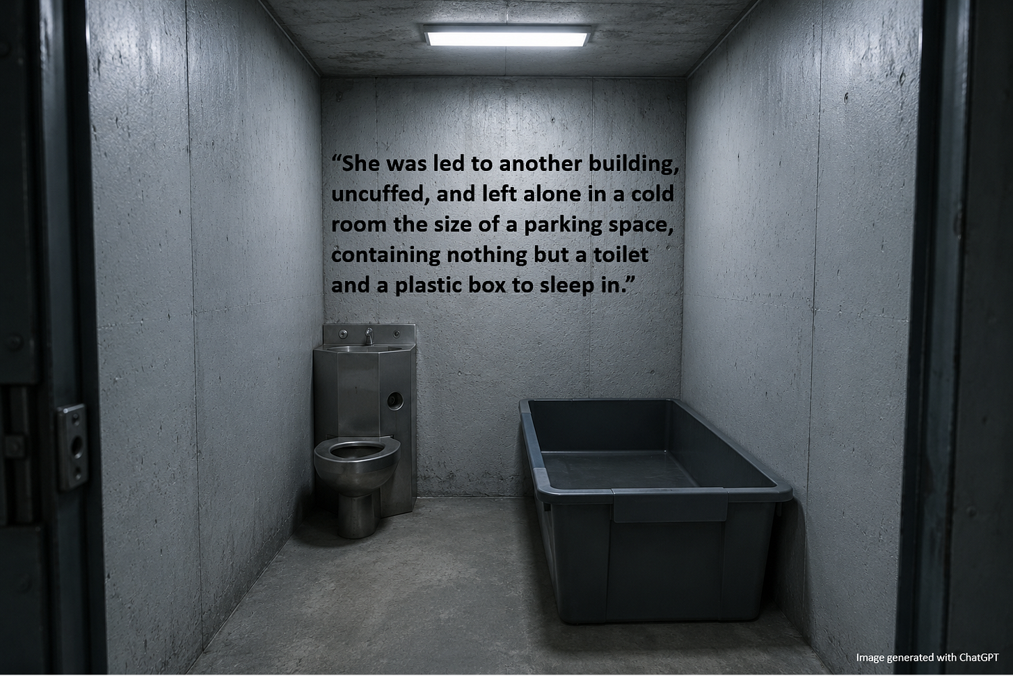 Picture of a cold room the size of a parking space, containing nothing but a toilet and a plastic box to sleep in. Picture of a cold room the size of a parking space, containing nothing but a toilet and a plastic box to sleep in.